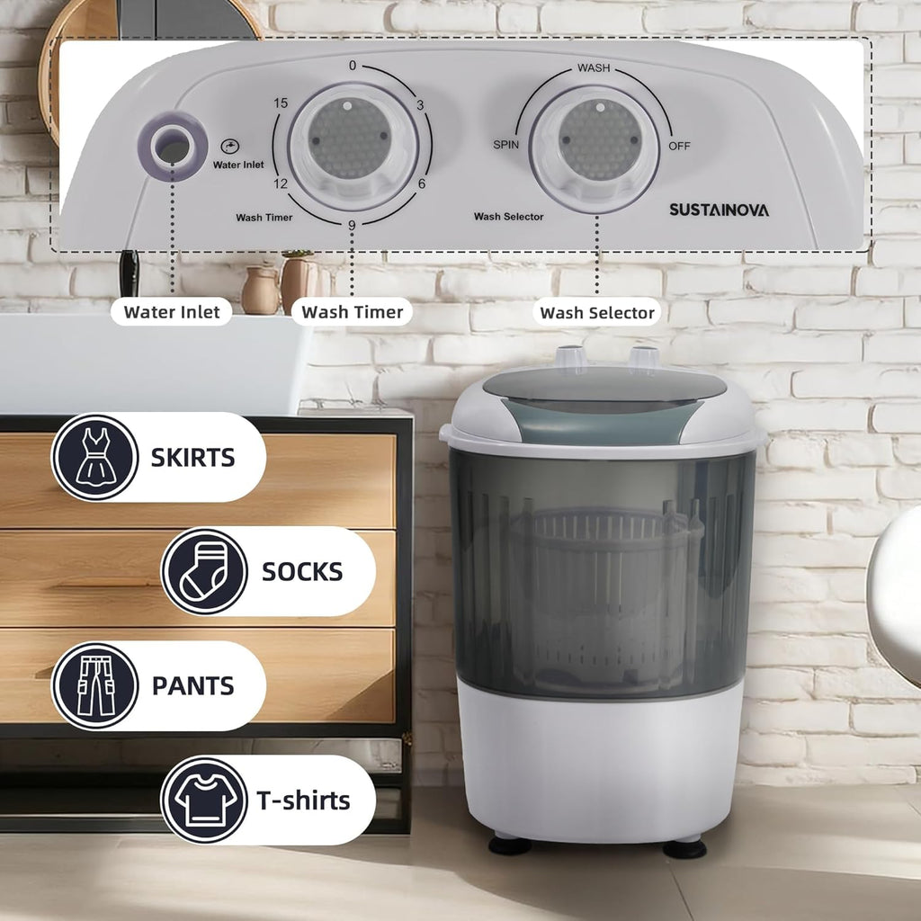 Mini Spin Dryer Portable Washing Machine, Compact Laundry for Home, Apartment, RV, Gray