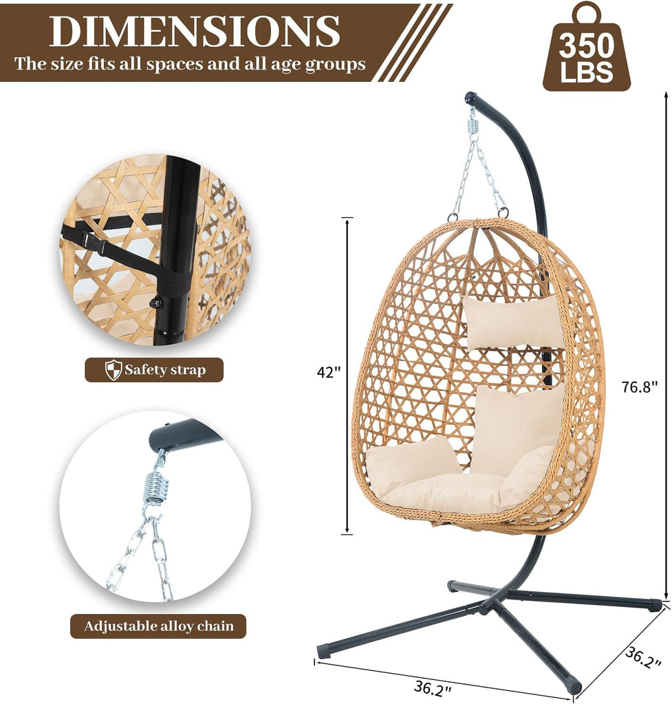 Hanging Egg Chair with Stand,All-Weather Rattan,330LBS Cap,Burlywood | Swing Chair with stand & thick cushions,330lb