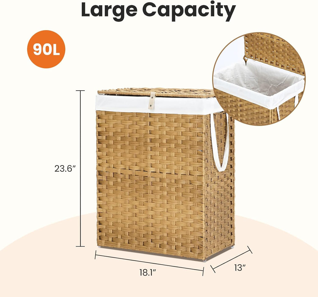 Woven Laundry Basket with Lid, 90L Large Capacity Hamper, Removable & Machine-Washable Liner, Foldable Rattan Clothes