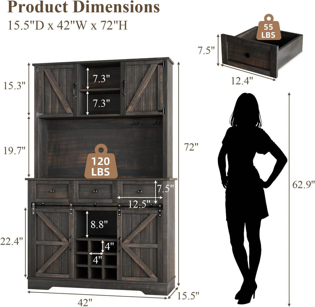 72 Inch Tall Farmhouse Coffee Bar Cabinet with Storage, Rustic Oak