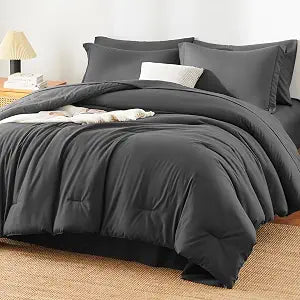 Full Comforter Set, 7-Piece Point-Quilted Bed in a Bag, Dark Grey