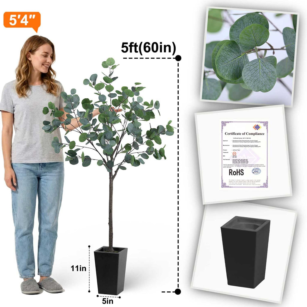 5ft Artificial Eucalyptus Tree Decor, 5 ft Large Faux Floor Plant Fake Silk Trees with Pot for Indoor Outdoor House