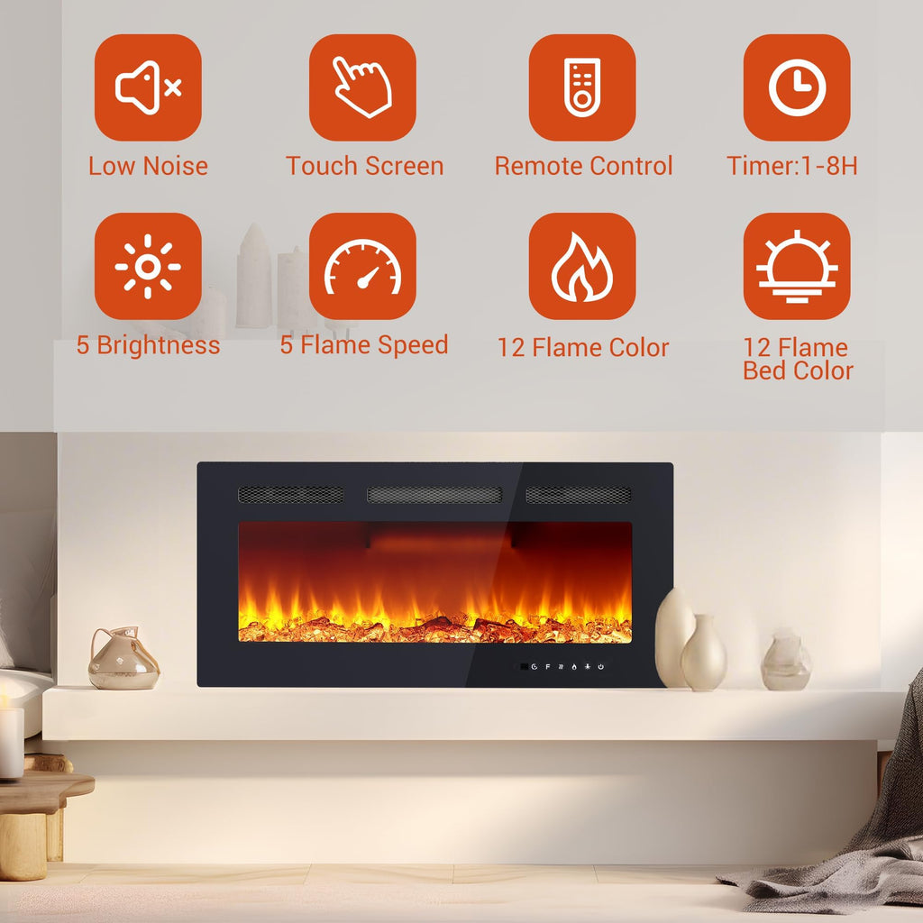 36 Inch Electric Fireplace Insert, Recessed or Wall Mounted