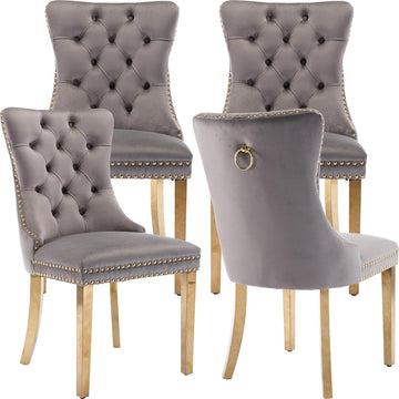 Luxury Upholstered Dining Chairs Set of 4, Grey Kitchen Chair with Golden Metal Legs, Velvet Tufted Back Dining Chair
