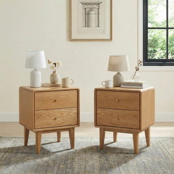 Solid Oak Wood Nightstand Set of 2, Natural Wood Nightstand with 2 Drawers, Mid Century Modern Night Stand, Wood
