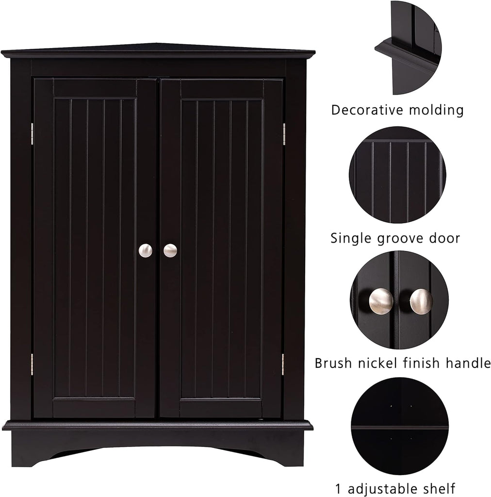 Floor Corner Cabinet with Two Doors and Shelves, Free-Standing Corner Storage Cabinets , Espresso | Space-Saving