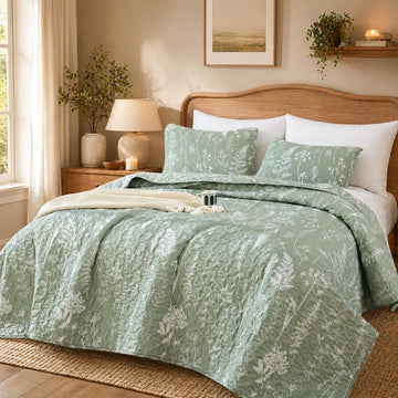 Quilts Sage Green Quilt Botanical with Floral Pattern Microfiber Bedspreads 3 Pieces Lightweight