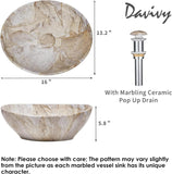 16'' X 13'' Nordic Marbling Oval Vessel Sink with Pop Up Drain,Ceramic Vessel Sink,Bathroom Sinks Above