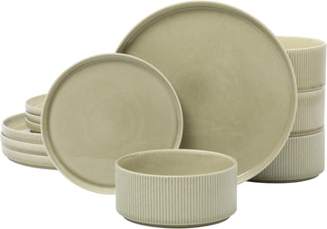 Solana Coast 12 Piece Stoneware Reactive Glaze (Service for 4) Ceramic Plates and Bowls Modern Shape Embossed