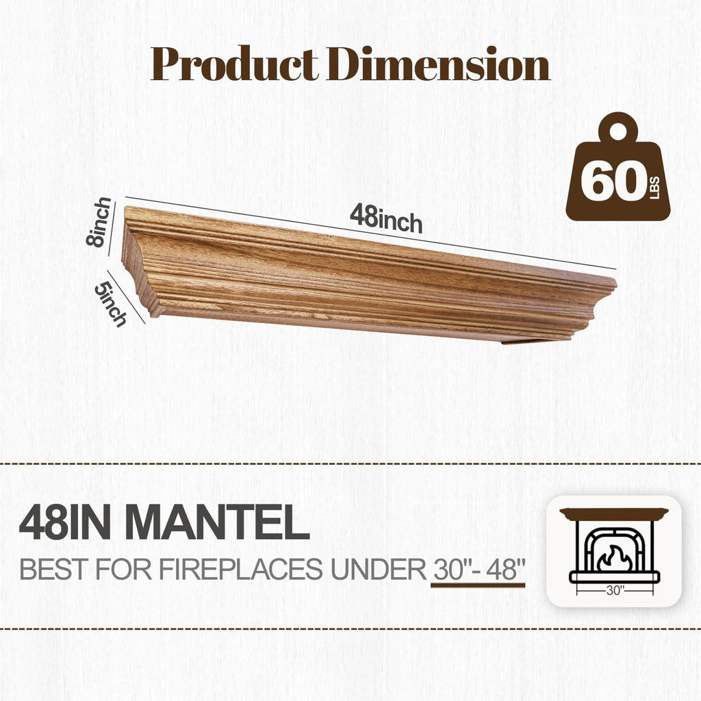 Rustic Fireplace Mantel 48", Solid Wood Floating Shelf, Oak Color