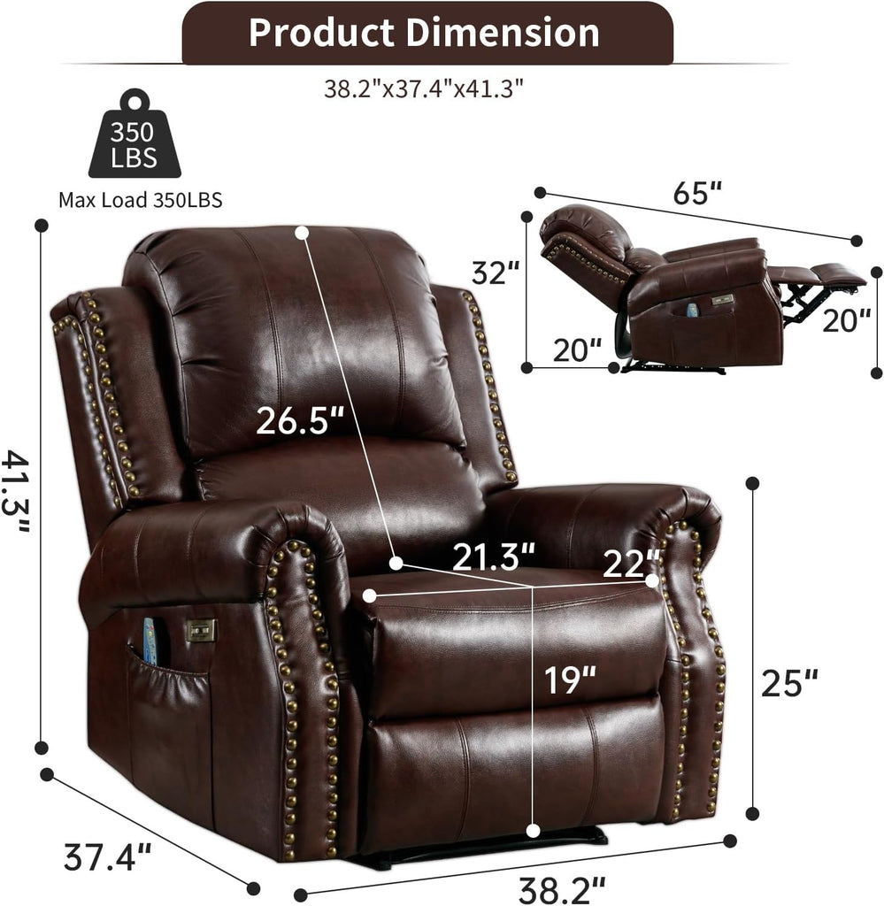 Classic Power Recliner Chair with Massage and Heat, Breathable Faux Leather Electric Recliner with USB&Type-C Ports