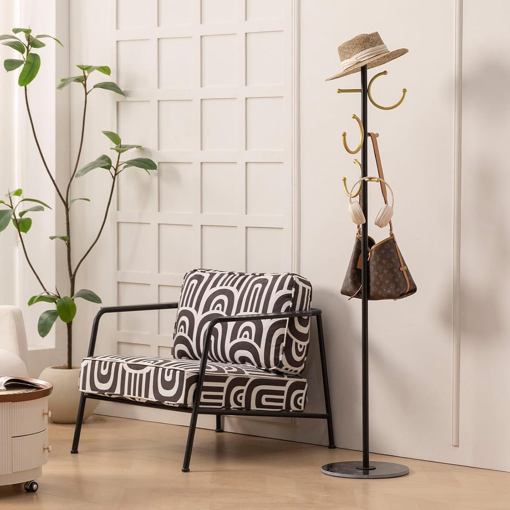 Coat Rack Freestanding Corner Coat Tree Hat Rack Stand with Heavy duty Marble Base & 6 Hooks , Hotel, Office 14.57"x