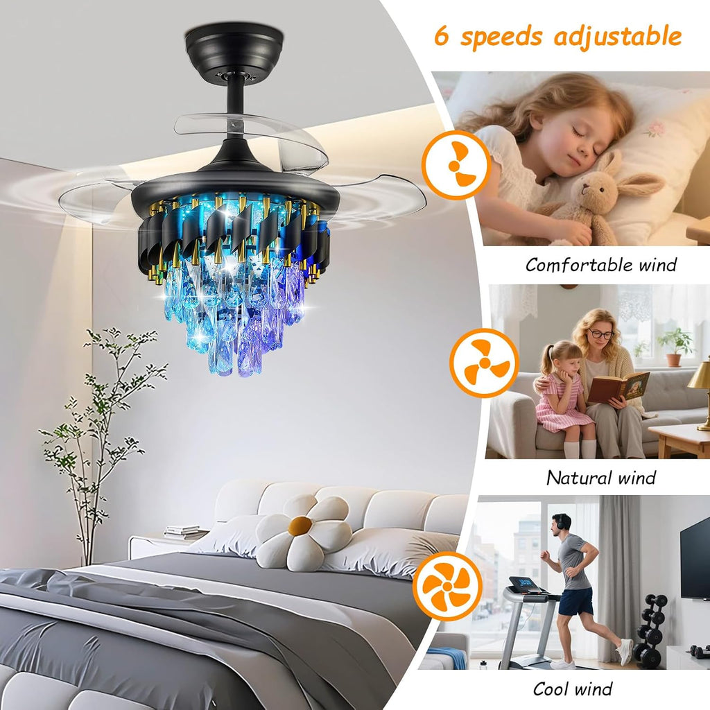 30" Retractable Crystal Ceiling Fan with Light, RGB Modern Chandelier Fan 6 Speeds Reversible Blades Black