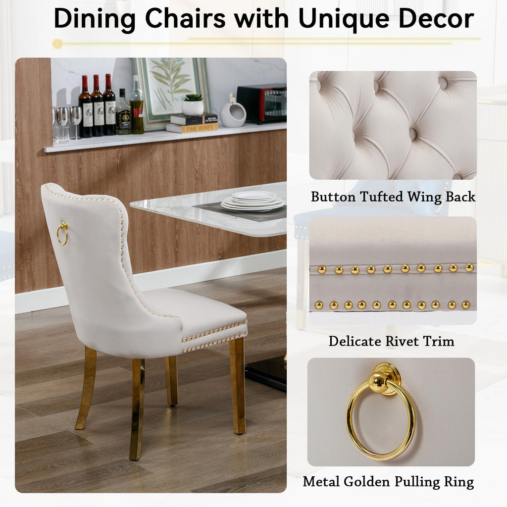 5-Piece White Marble Dining Table Set for 4, Modern 68inch Dining Table and Beige Velvet Dining Chairs Set of 4
