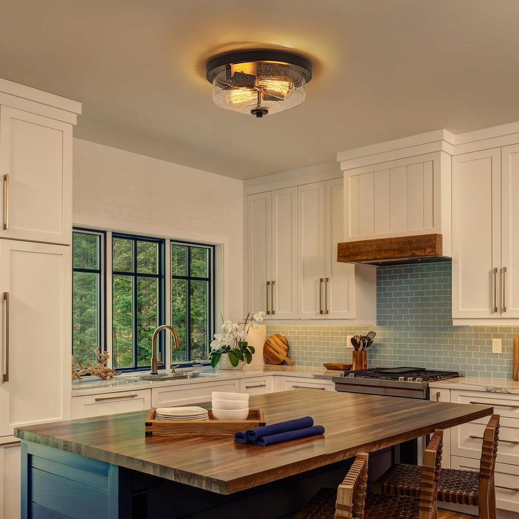 Black Flush Mount Ceiling Light Farmhouse Outdoor Porch Light Fixtures With Seeded Glass Shade