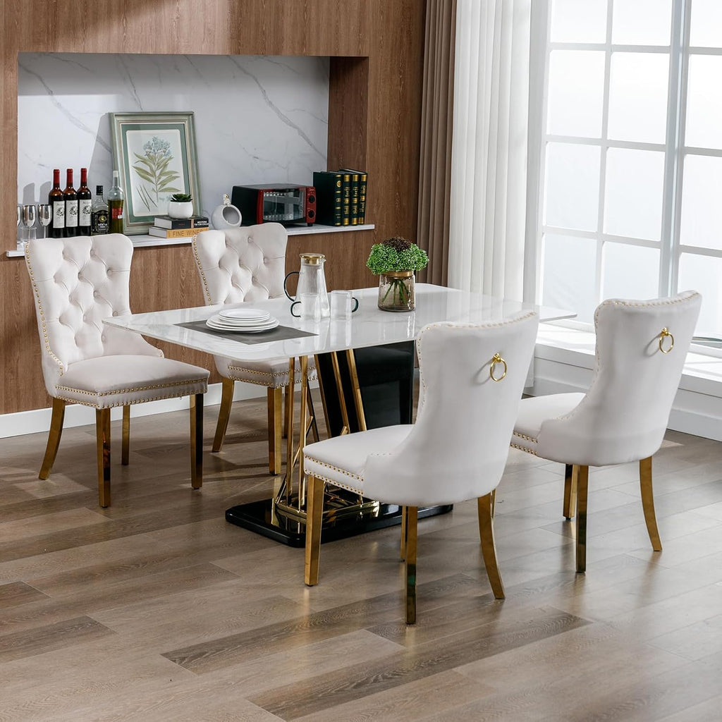 Mid Century Modern Dining Chairs Set of 4, Beige Velvet Upholstered Tufted Back, Kitchen & Dining Room Chairs, Gold