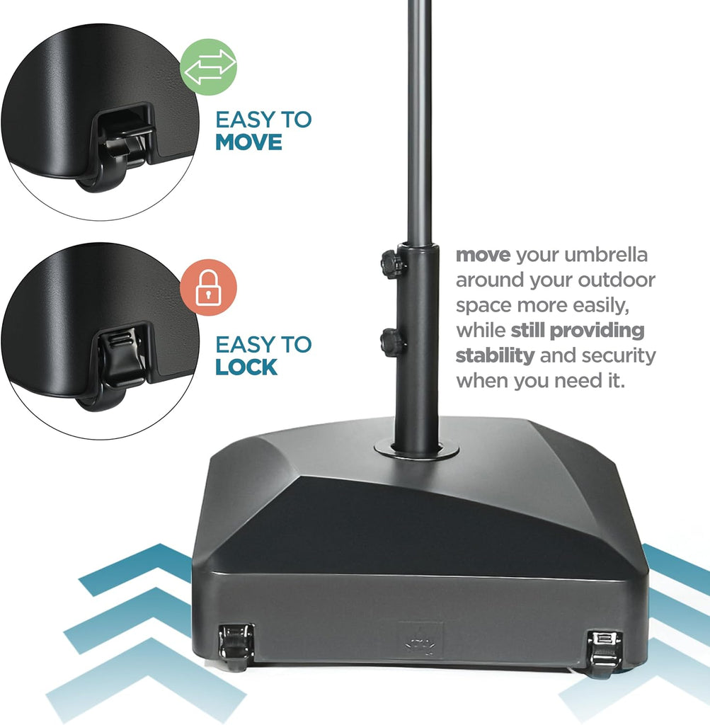 Umbrella Base - Fillable Umbrella Pole Holder 2 Knobs, with Heavy Duty Windproof Design . 4 Wheels, 2 Locks