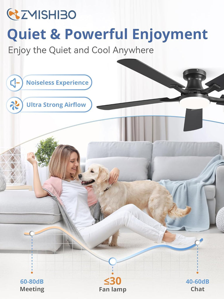 52 Inch Ceiling Fan with Light, App&Remote Control, Flush Mount Low Profile, Dimmable 20W LED Light, Quiet Reversible Motor for Bedroom, Living Room, Apartment, Black