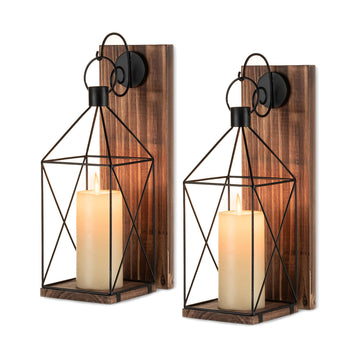 Wood Wall Candle Sconce with Black Lantern, Set of 2 Home Decor