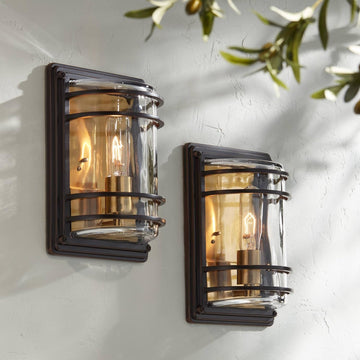 Modern Outdoor Wall Light Fixtures Set of 2 Bronze 11" Clear Glass Shade for Exterior Barn Deck House Porch Yard Patio Outside Garage Front Door Garden Home Roof Lawn