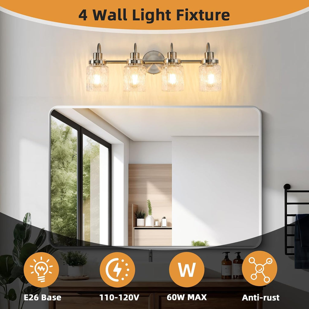 4 Lights Bathroom Vanity Light, Brushed Nickel Bathroom Light Fixtures with Hammered Glass Lampshade for Dressing