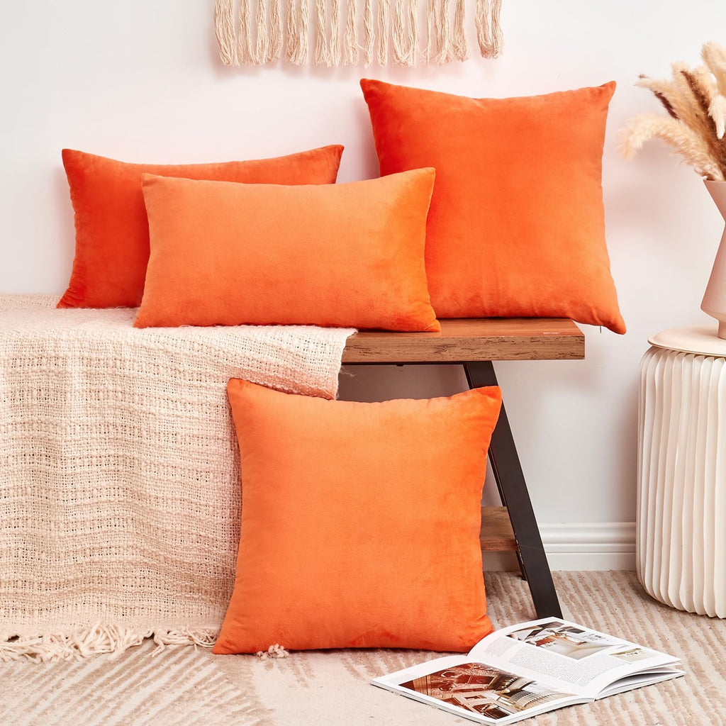 Fall Orange Throw Pillow Covers Decorative Velvet Set of 2 18x18 Inch Pillow Covers, Soft Burnt Orange Pillowcases