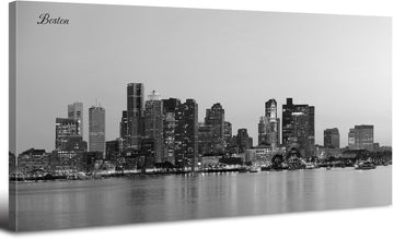 Boston Skyline Wall Art Black and White City Panoramic Canvas Prints Pictures Modern Night View Cityscape Posters
