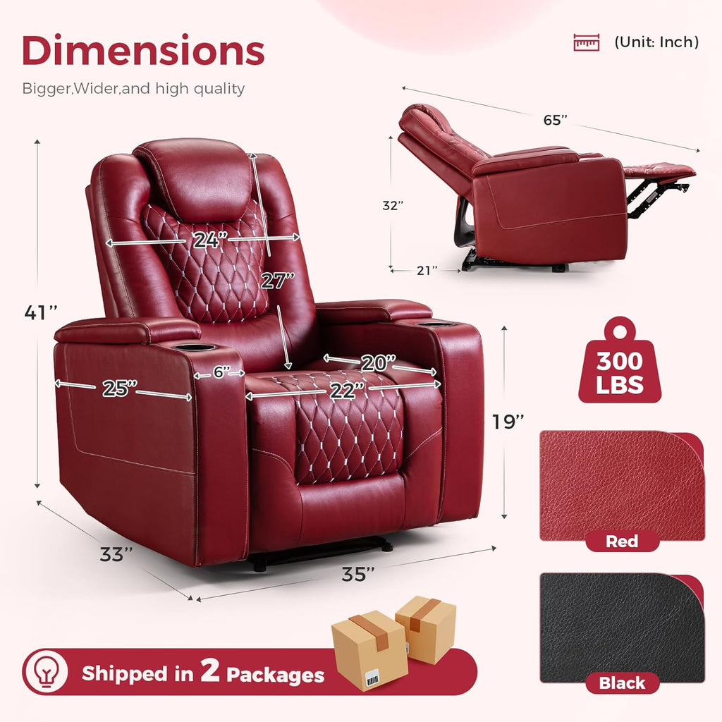 Power Recliner Chair with USB Ports and Cup Holders - Overstuffed Electric Home Theater Seating PU Leather Reclining Furniture with Hidden Arm Storage, Easy to Clean (Red)