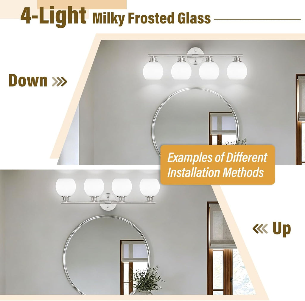 Brushed Nickel Bathroom Light Fixtures, 4-Light Vanity Light Over Mirror | Modern Bathroom Lighting Over Mirror, Wall