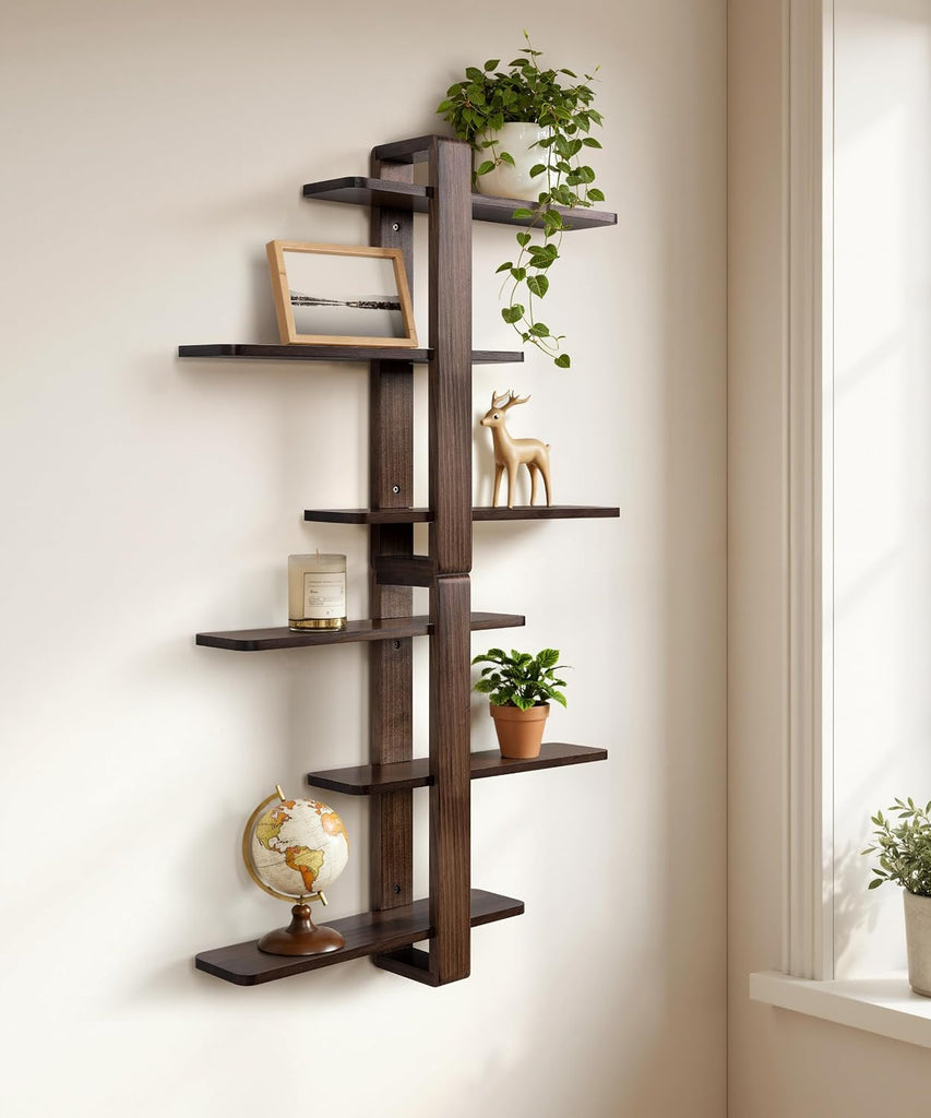 Floating Shelves for Wall Walnut Shelf Unit Mid Century Modern Decor | 3 Tier 20in Adjustable Shelving, Decorative