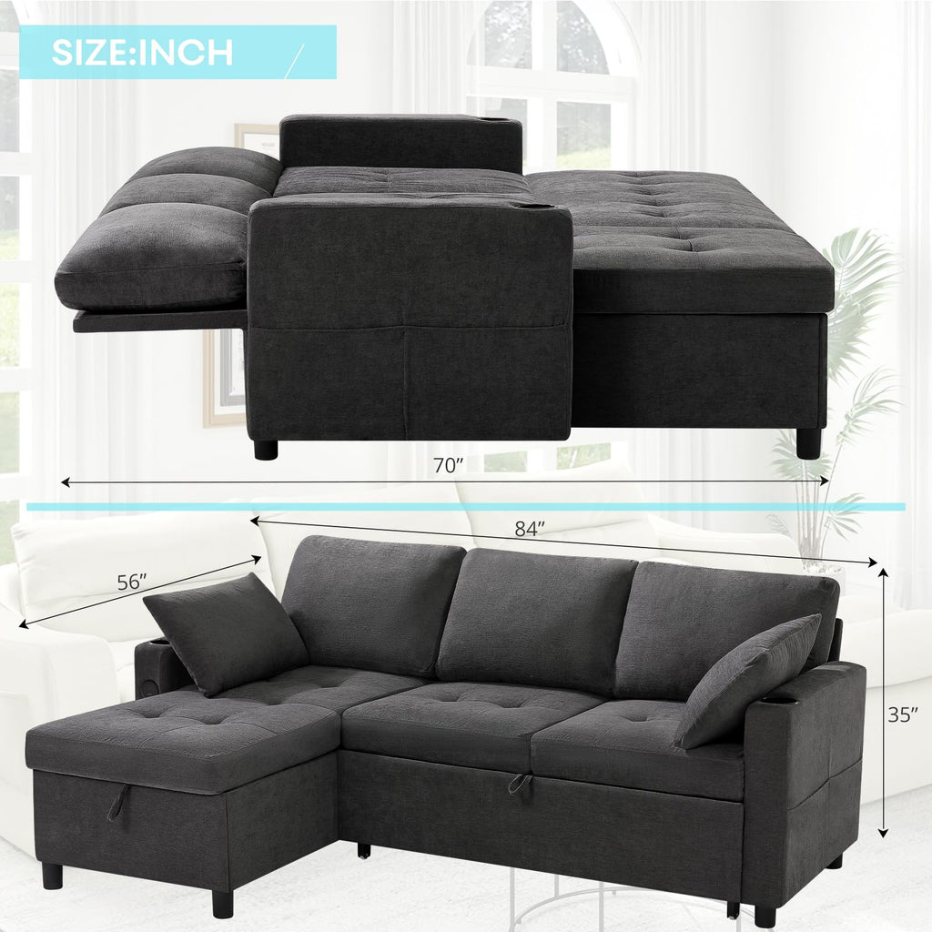 84" Sectional Pull Out Sofa Bed with Adjustable Backrests, Grey