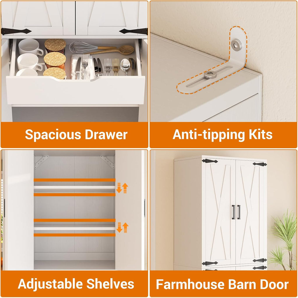 71" Tall Kitchen Pantry Storage Cabinet with Farmhouse Barn Doors and Storage Drawer, 4 Adjustable Shelves