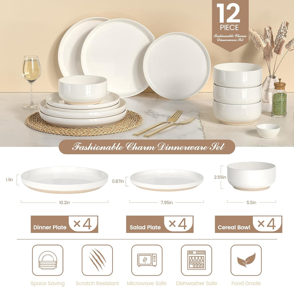 Plates and Bowls Sets, Dinnerware Sets for 4, 12 Pieces Scratch Resistant Dishware Dishes Set