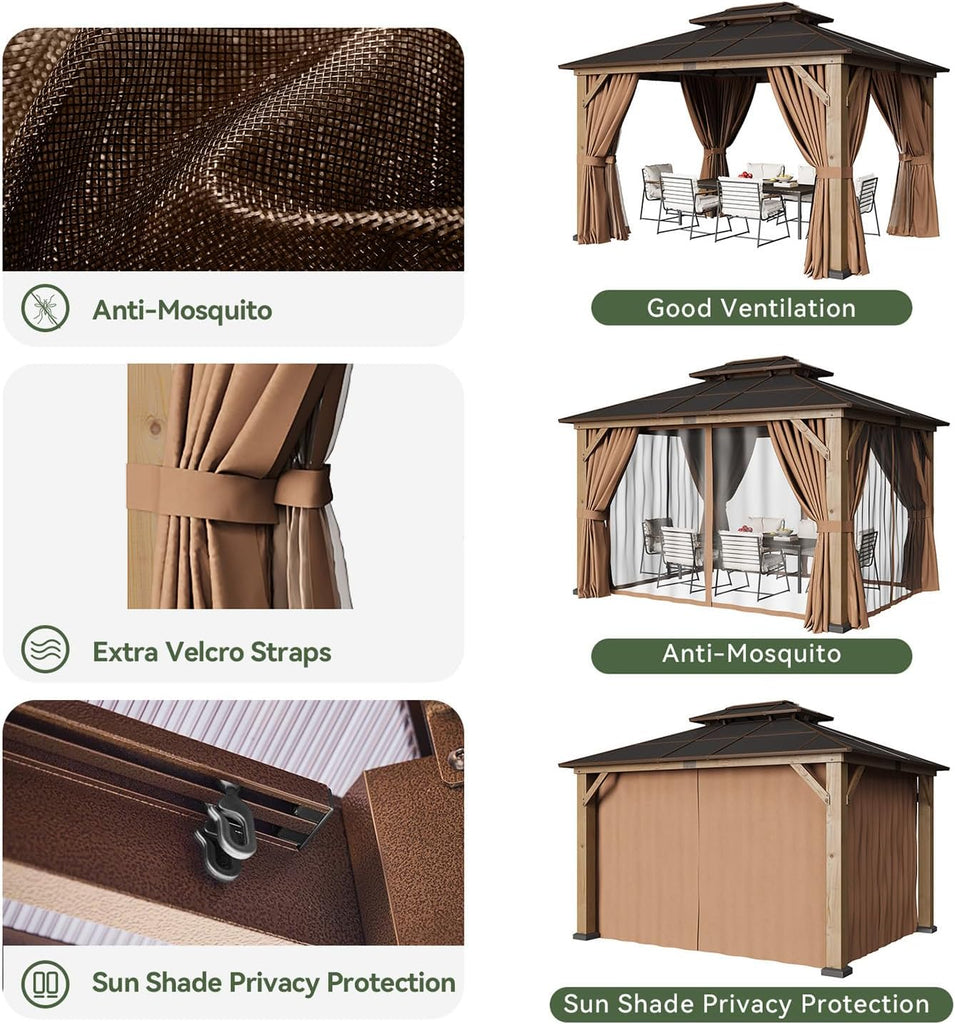 10' x 12' Outdoor Wood Gazebo with Double Polycarbonate Top