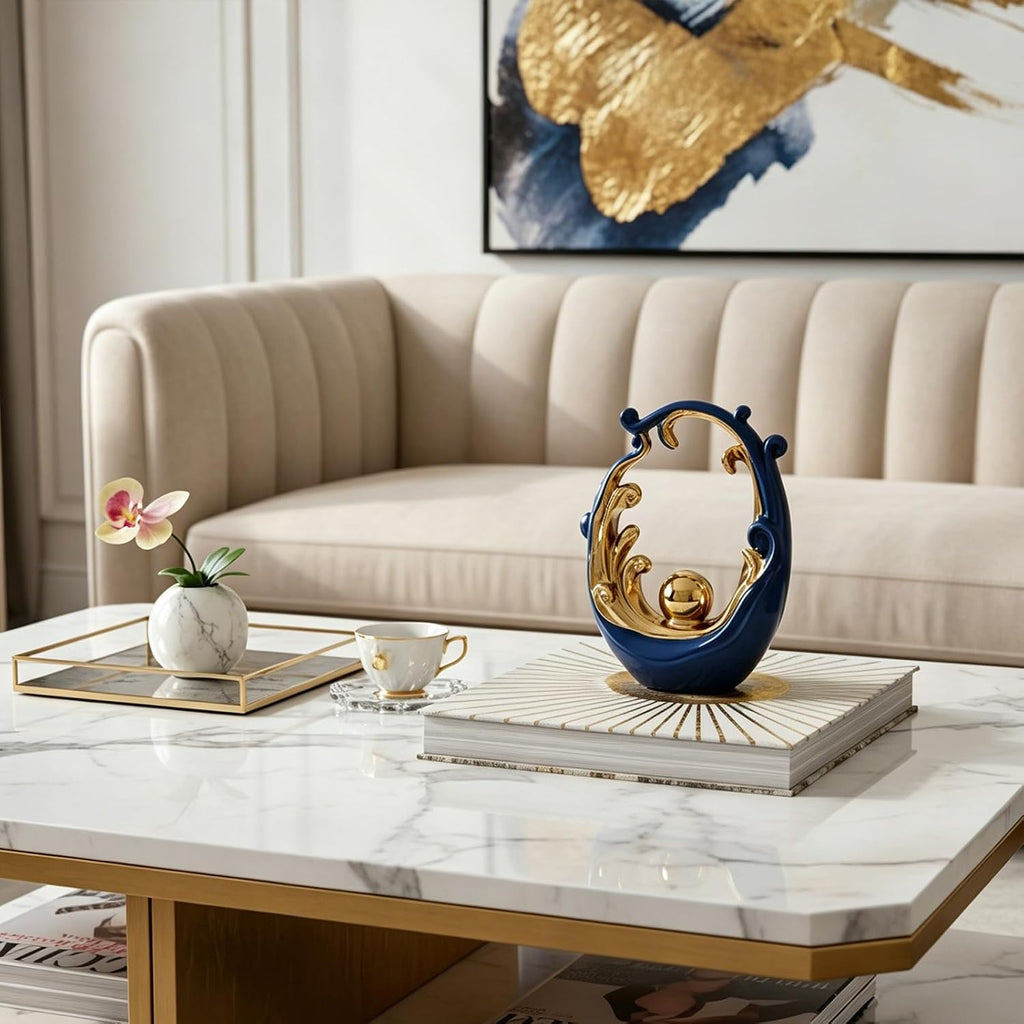 Navy Blue Gold Aesthetic Room Decor Accent, TV Stand Funky Table Centerpiece, Abstract Art Ceramic Statue and
