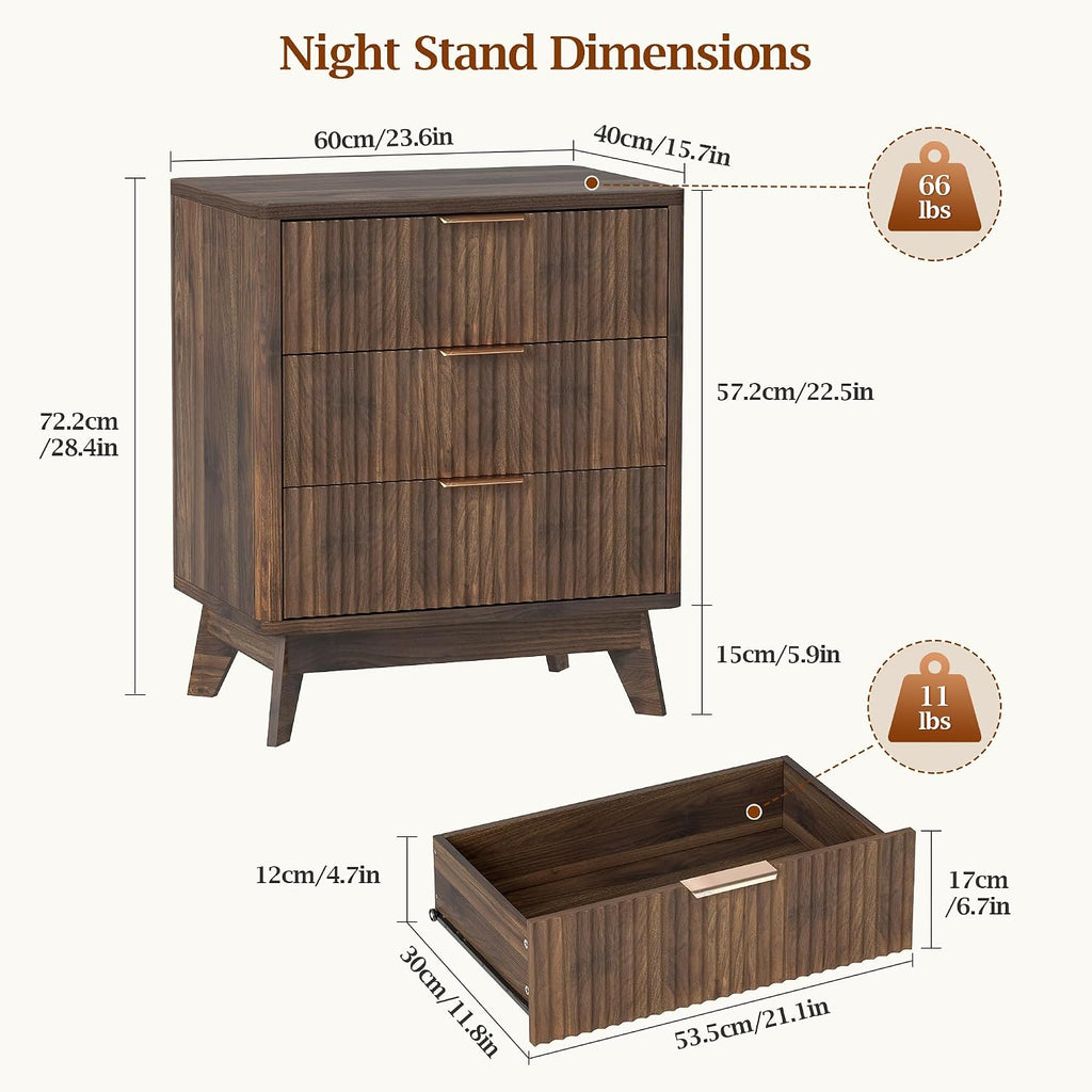 23.6" Wide Fluted Nightstand with 3 Drawers, Walnut Wood Night Stand, Modern Mid Century Bedside Table , Wooden