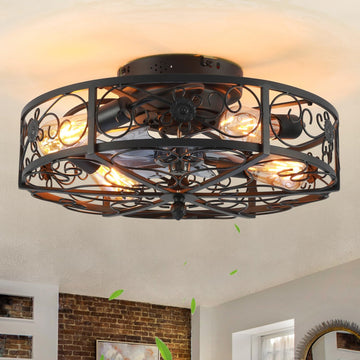 20'' Caged Ceiling Fan with Lights and Remote Control,Small Farmhouse Bladeless Low Profile Ceiling Fans Lights