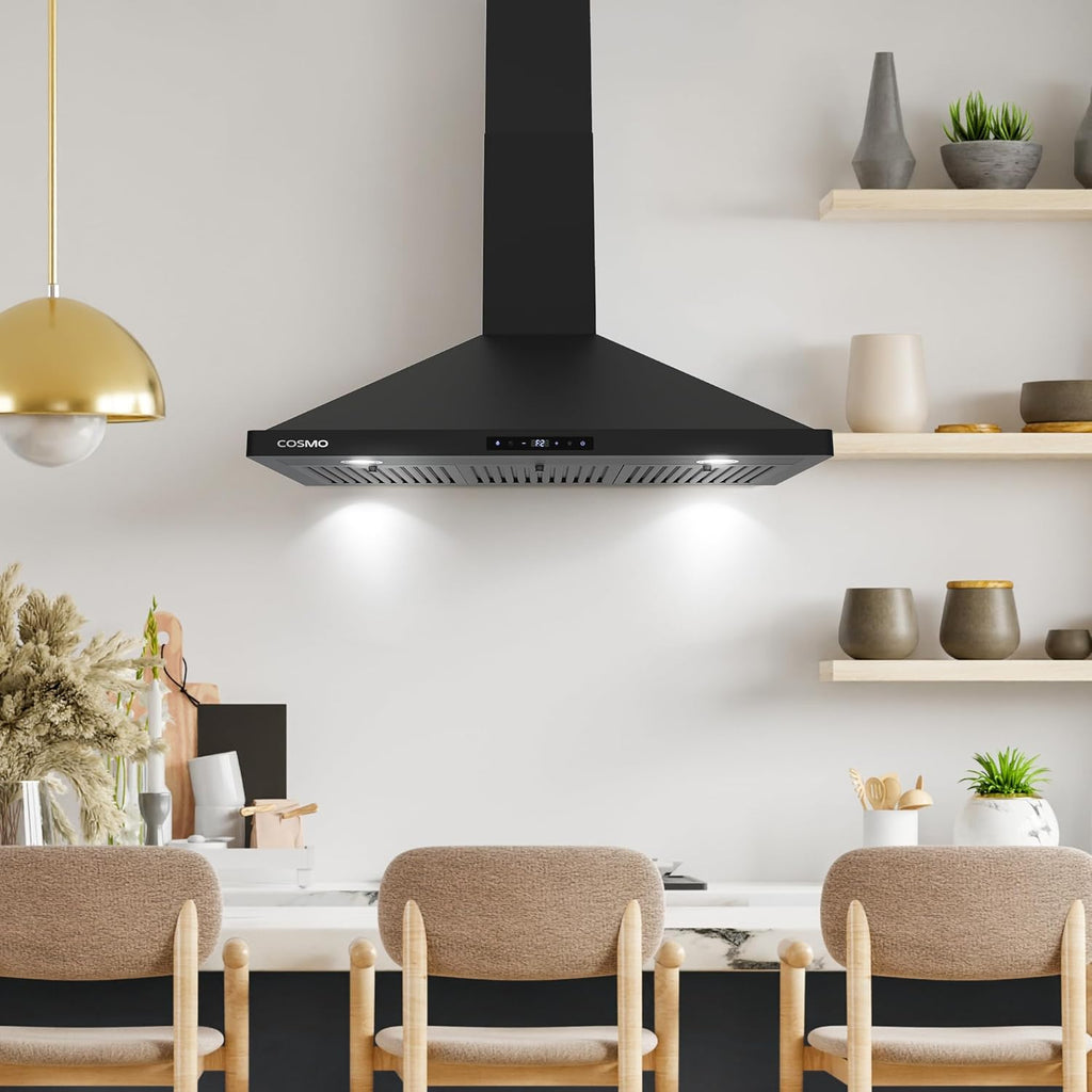 Stainless Steel Wall Mount Range Hood 380 CFM 3 Speed Push Button Control, LED Lights Ducted