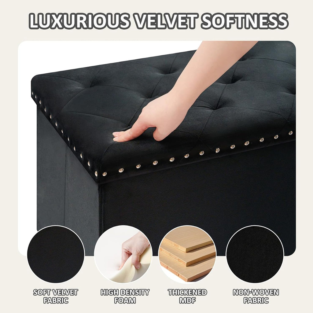 Black Storage Ottoman Bench , Folding Velvet Chest with Benches Foot Rest Stool, Large Long Shoes Chest