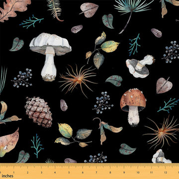 Wild Mushroom Fabric by The Yard Rustic Leaves Pinecone Plant DIY Craft Hobby Fabric by The Yard Retro Nature Lover