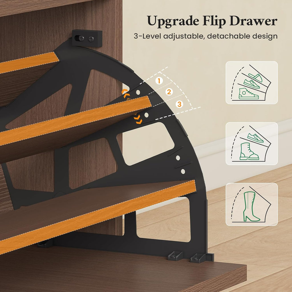 45.3" L-Shaped Storage Bench, Entryway Bench with Shoe Storage and Cushion, 3-Level Adjustable Shelves Flip Drawer &