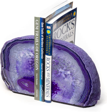 Agate Geode Bookends - Polished Crystal Stone Decorative Bookends Décor (8-10 lb, Purple)