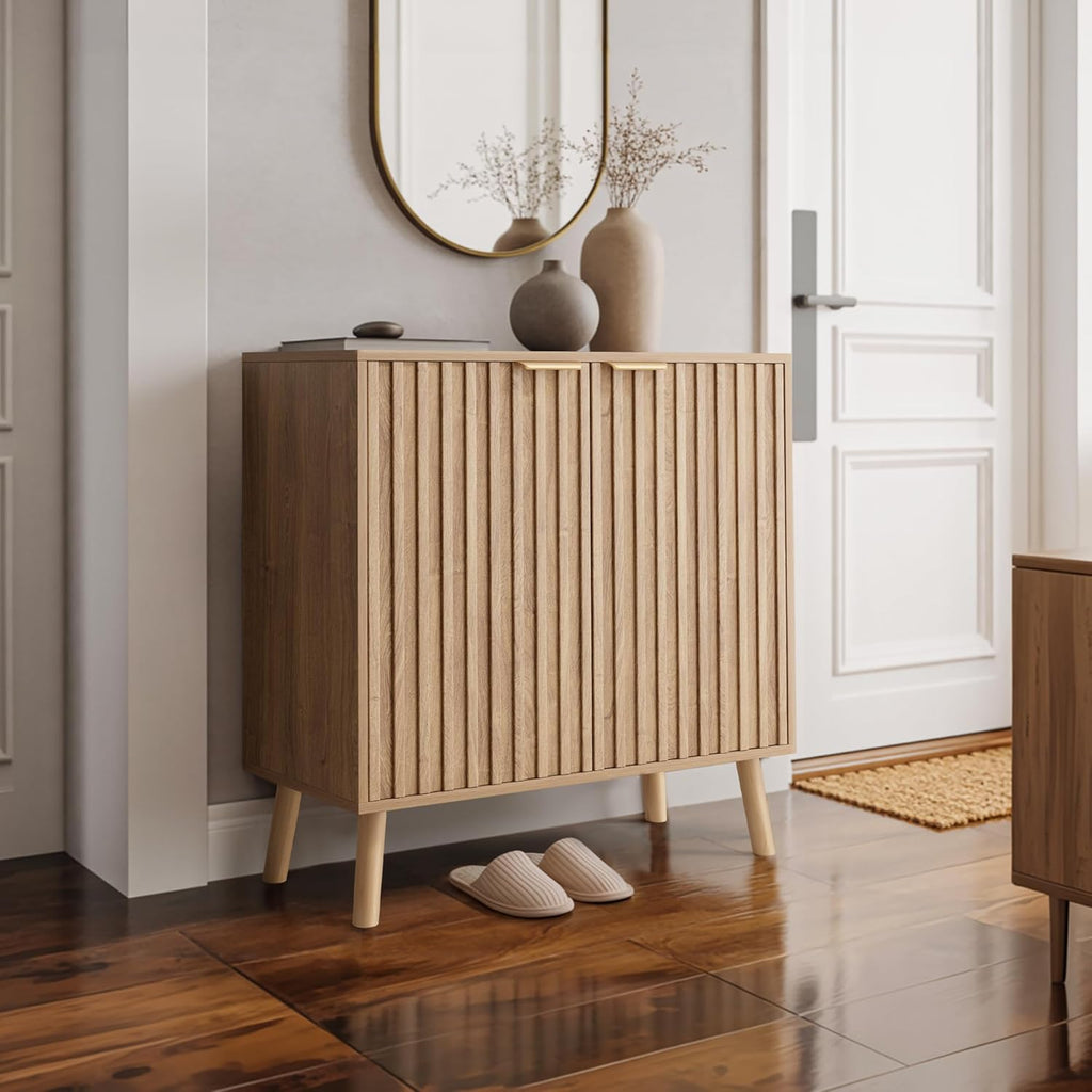 Fluted Storage Cabinet, Sideboard Buffet with Doors and Shelf, Wooden Console Table & Credenza