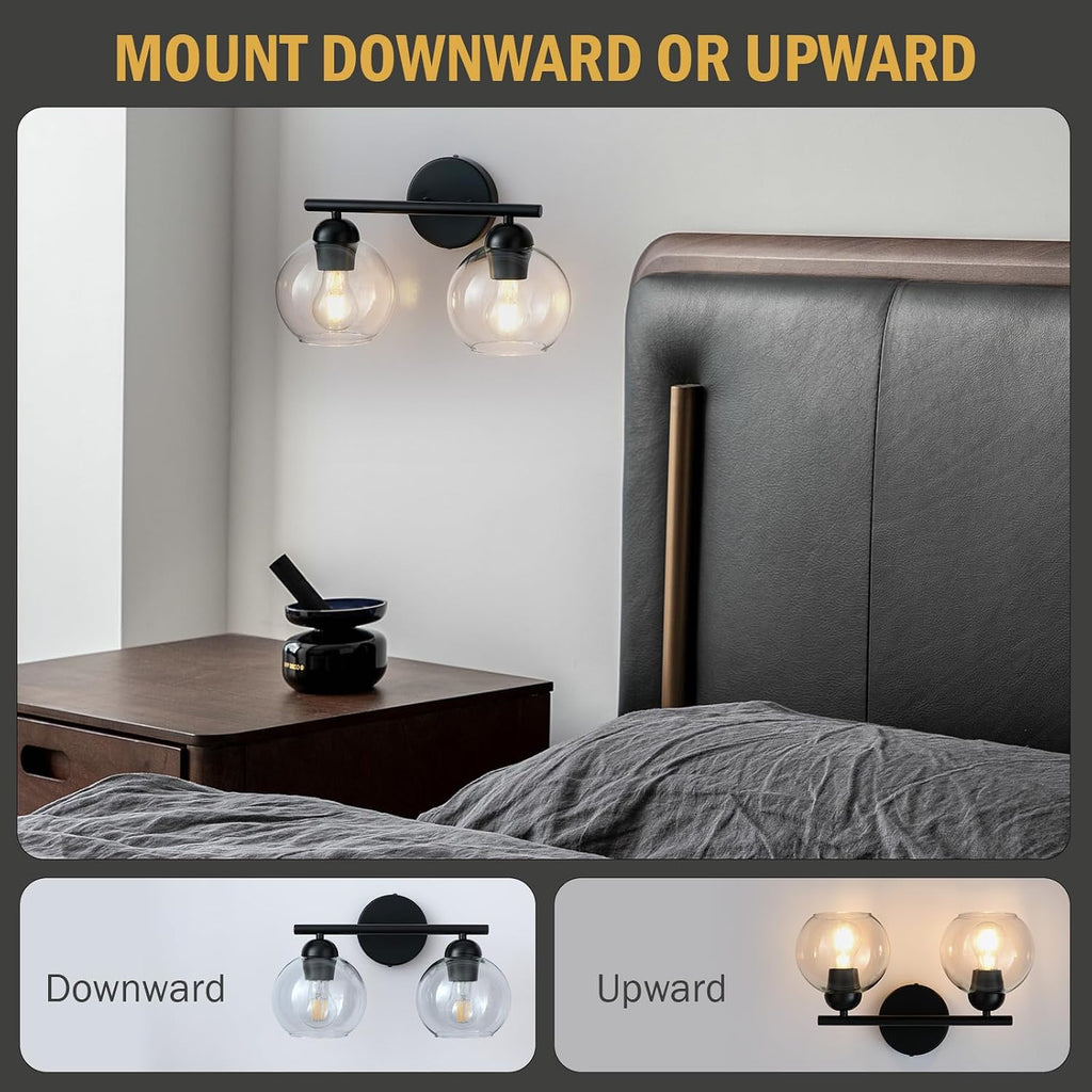 Black Bathroom Light Fixtures, 2 Light Bathroom Vanity Light with Globe Glass Shades, Modern Farmhouse Vanity Lights