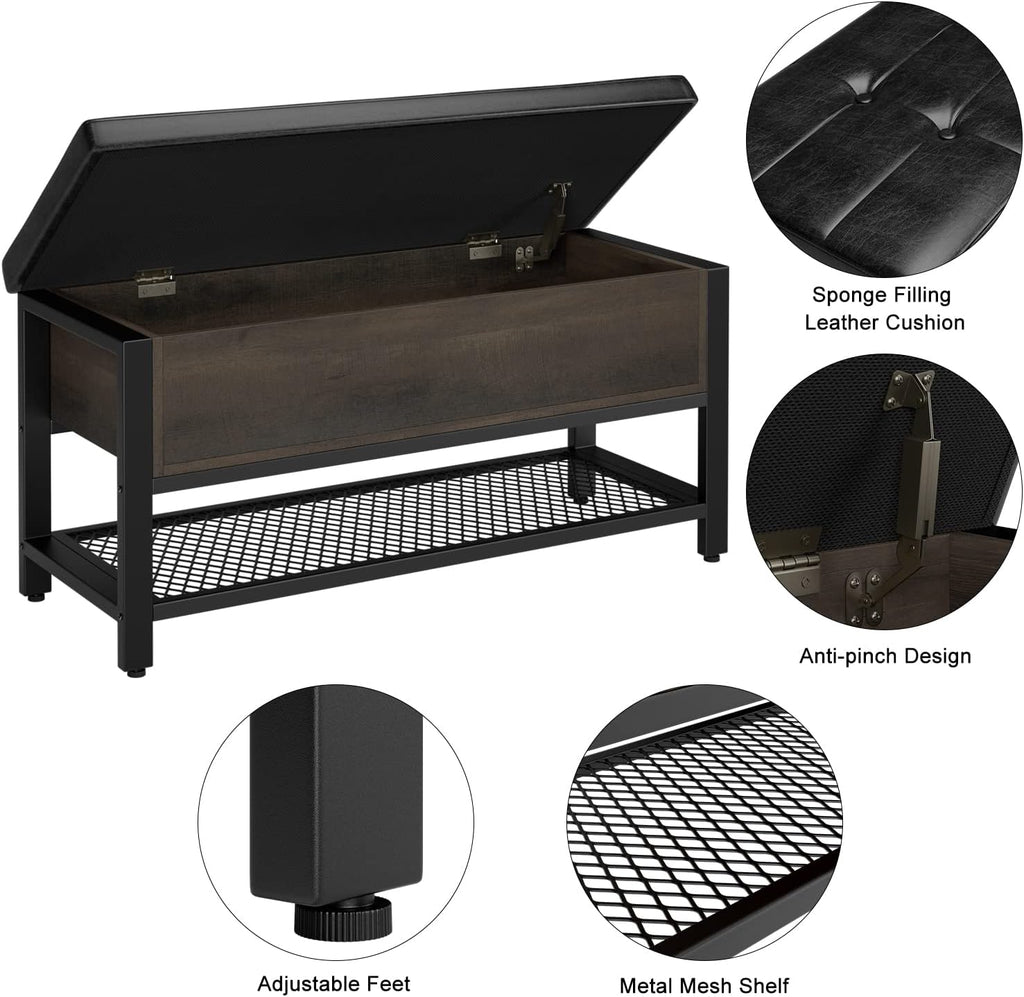 40" W Storage Bench, Entryway Shoe Bench with Cushion, Dark Brown | Wood Metal Bench with Flip-Open Hidden Storage