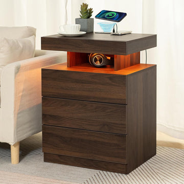 Rustic Brown Nightstand with Wireless Charging Station Walnut Wood LED Bedside Table with 3 Drawers End Table Smart