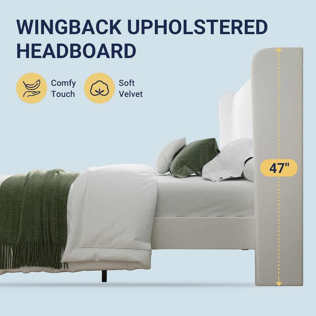 Queen Velvet Platform Bed Frame with Vertical Tufted Wingback Headboard, Easy Assembly, Under Bed Storage
