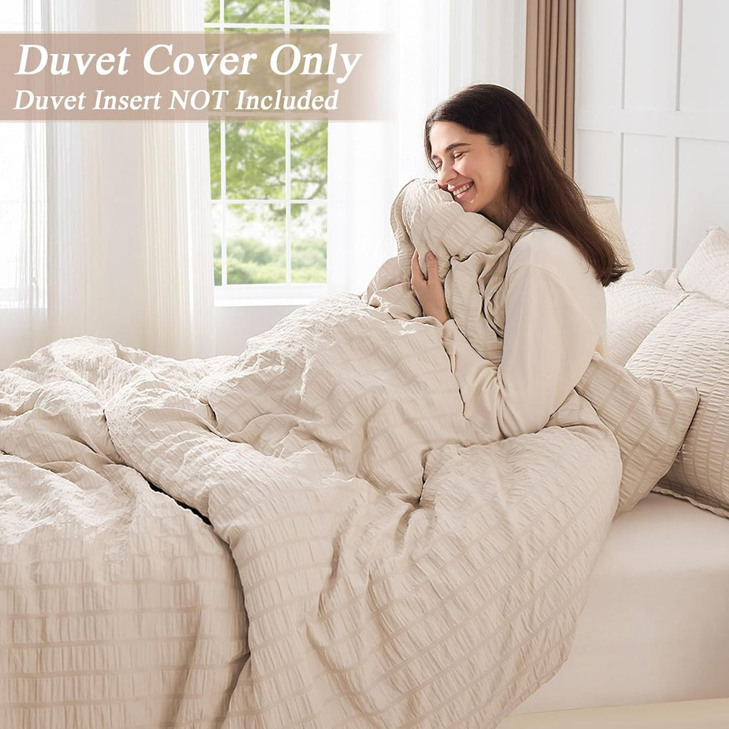 Beige Duvet Cover, Super Soft Seersucker Duvet Cover Set, 3-Piece Lightweight Duvet Cover with Zipper
