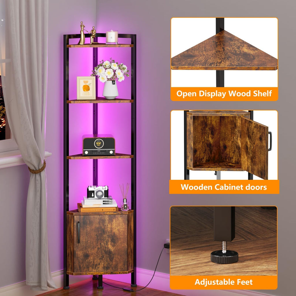 Corner Shelf Cabinet, Corner Bookshelf with Storage and LED Light