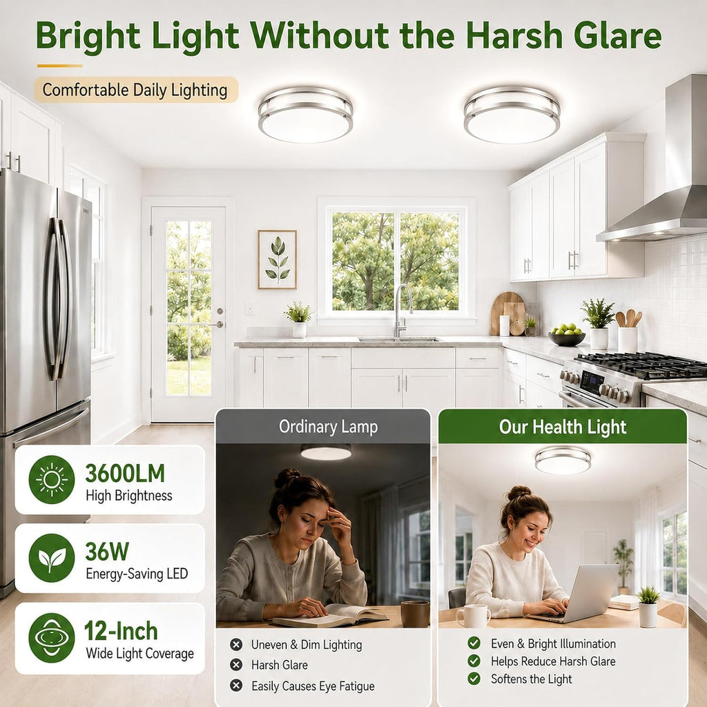 2-Pack 36W Dimmable LED Ceiling Light Fixtures Super Bright 3600LM, 12in Modern Flush Mount Ceiling Light